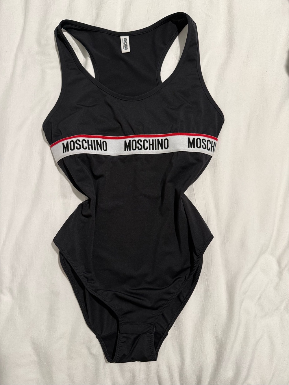 Moschino Black Bodysuit with White & Red Logo Band